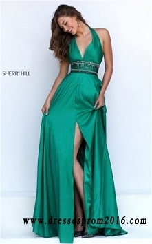 Sherri Hill 50190 Emerald Halter Beaded Backless Slit Long Prom Dresses 2016