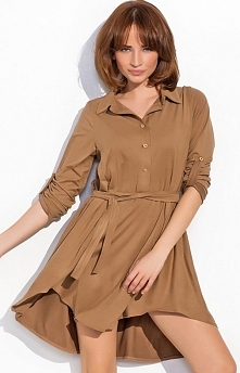 Numinou NU19 sukienka karmelowa Rewelacyjna sukienka, luźny koszulowy fason, długi rękaw z możliwością podwinięcia