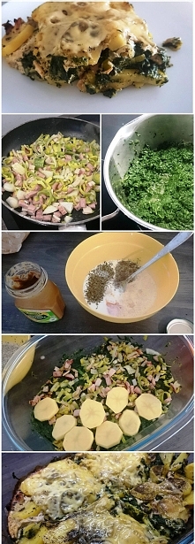 Zapiekanka ziemniaczana z szynką i szpinakiem.

Ziemniaki kroimy na plasterki.
Na patelni podsmażamy pokrojoną w kostkę szynkę, cebulę i/lub por.
W osobnym garnku przygotowujemy...