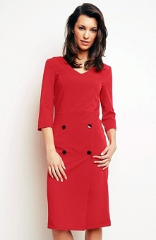 Karen-styl H66 sukienka czerwona Elegancka sukienka, kobiecy fason, dekolt w szpic, rękaw za łokieć