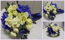 bukiet ślubny niebieski, habrowy z szafirków frezji gozdzika