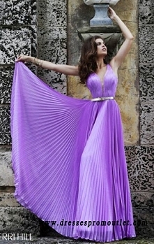 Sherri Hill 32075 Light Purple V-Neck Pleated Long Prom Discount Dress Online