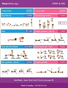 Czas na tydzień ósmy! :D
- Poniedziałek

Ćwiczenia wykonujemy w dwóch obwodach po 7 minut każdy wykonanych razy dwa. Po zakończeniu każdego obwodu (circuit) mamy 1 minutę przerw...