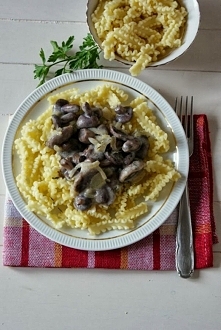 Maślaki w śmietanie z makaronem