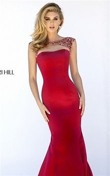 Sherri Hill 32351 Beaded Sleeved Backless Red Mermaid Prom Dress 2016