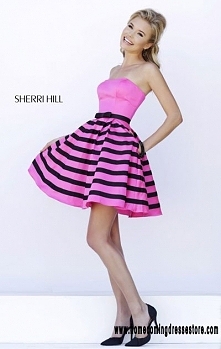Cheap Strapless Sherri Hill 32200 Fuchsia/Black Striped Cocktail Dress