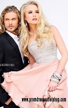 Sherri Hill 11028 Beaded Strapless A-Line Nude Homecoming Dress Affordable