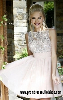 Sherri Hill 11032 Blush Beaded V-Back Chiffon Cocktail Dress Discount