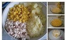 Porcje: ok. 8 porcji

Czas przygotowania: ok. 30 minut

Skład:

2 filety z kurczaka

20 gram sera żółtego ( startego)

1 puszka ananasów

1 puszka kukurydzy

2 łyżki majonezu

s...