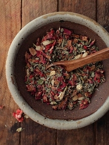 Love Tea -- 1 part damiana, 1 part rose petals, 1/2 part cinnamon chips, 1/2 part dried strawberries, 1/4 part jasmine flowers