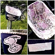 Metalowy koszyczek ozdobiony materiałami z różnych szmatek.