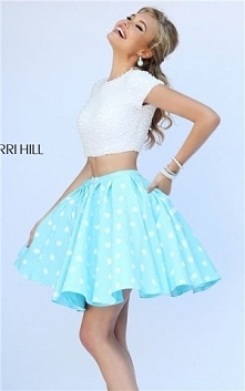 Two Piece Sherri Hill 32247 Beaded Ivory/Blue Polka Dot Homecoming Dress 2015