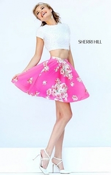 Two Piece Sherri Hill 32251 Beaded Ivory/Pink Print Floral Mini Homecoming Dress