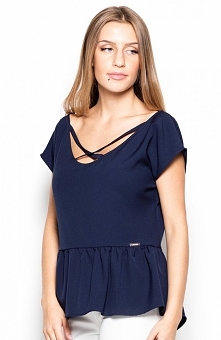 Katrus K396 bluzka granatowa Urocza bluzka, wykonana z jednolitej tkaniny, dekolt ozdobiony krzyżującymi się paseczkami