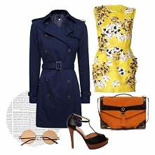 granatowy trencz, żółta sukienka, szpilki