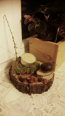 Nudzą cię zwyczajne świeczniki? Oto mój pomysł na niebanalny i bardzo tani świecznik. Co potrzeba? Kawałek małego drewienka i jeszcze mniejszego, kasztan, mech i jarzębina. Wyst...