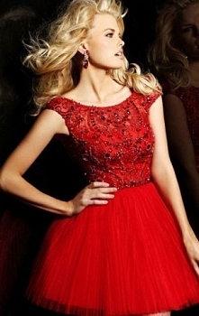 2014 Sherri Hill 2814 Beaded A-Line Tulle V-Back Red Dress For Homecoming