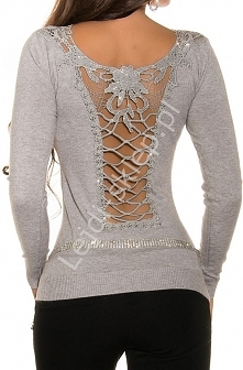 Szary sweter z gipiurową koronką. lejdi-sklep.pl