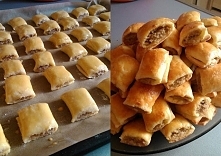 Paszteciki z miesem : Składniki na ok. 40 sztuk:  300 g mąki + 50 g do podsypania kostka masła (200 g) 1 jajko ½ łyżeczki soli 100 g gęstej, kwaśnej śmietany  Nadzienie:  ok. 0,...