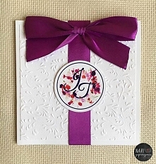 eleganckie zaproszenie ślubne z papierem ozdobnym w listki i kokardą w kolorze fuksjowym :) wiecej zdj na Fb - zaproszenia navi