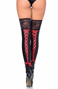 Leg Avenue 6918 pończochy Seksowne pończochy samonośne, wykonane z dzianiny typu wetlook, tył ozdobiony wiązaniem, rewelacyjnie podkreślają nogi