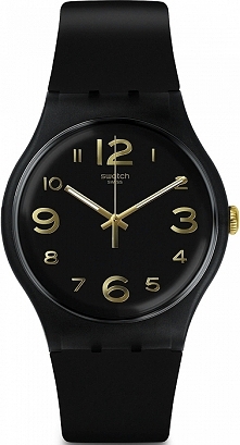 Damski czarny zegarek SWATCH SUOB138 na silikonowym pasku ze złotymi cyframi 
Możliwość zakupu, link w komentarzu :)