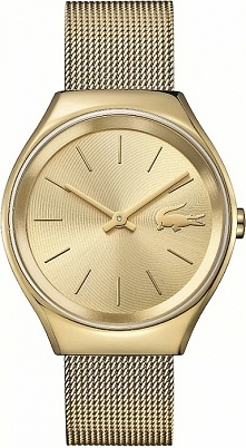 Damski zegarek złocony Lacoste 2000952 na bransolecie siatkowej 
Możliwość zakupu, link w komentarzu