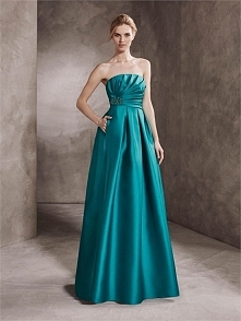 A-line Strapless Gathered Bodice Beaded with Pockets Satin Prom Dress PD3366