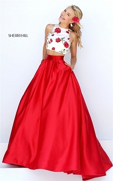 Cheap Ivory/Red Floral Two Piece Print Long Prom Dress By Sherri Hill 50232
