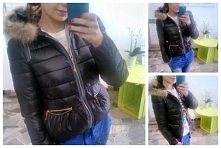 Czarna kurtka pikowana z elementami jeansu i futerkiem z jenota :) Sprzedam Xs/S