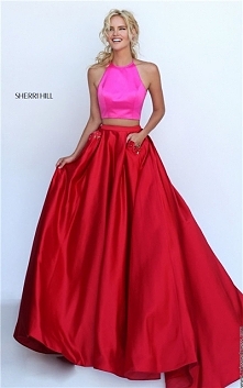 Fuchsia/Red Sherri Hill 50219 Halter Neck 2 Piece Evening Gown Long