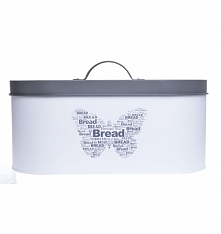 Metalowy chlebak z pokrywką z motywem motyla i napisem w języku angielskim. Chlebak mały o wymiarach 34x18,5 cm na jeden chleb. Przepiękny dodatek dekoracyjny do kuchni.