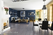 Wizualizacja wnętrz domu Kalandra! Centrum domu stanowi ustawny, piękny salon z wyeksponowanym kominkiem i otwarta kuchnią, przy której znajduje się spiżarnia. Widok salonu.