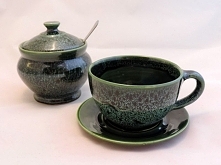 ceramika, zestaw kawowy, zieleń, gliniana filiżanka, cukiernicza, garncarstwo - wadowice . pl