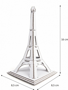 Tekturowa mini Wieża Eiffla do samodzielnego składania z białej tektury. Po złożeniu model można pomalować farbami lub pokolorować flamastrami. Może służyć do zabawy lub jako pa...