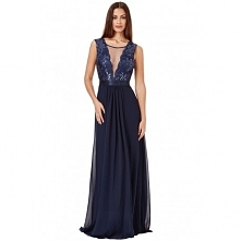 Granatowa szyfonowa długa sukienka wieczorowa z głębokim dekoltem z cekinami i siateczką