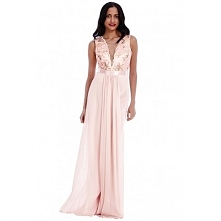 Pudrowa szyfonowa długa sukienka na wesele z głębokim dekoltem z cekinami i siateczką