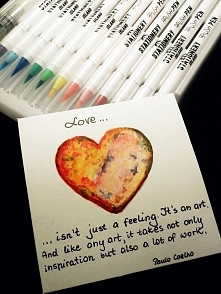 Karteczka z sercem wykonanym wodnymi markerami i cytatem mojego ulubionego pisarza :)