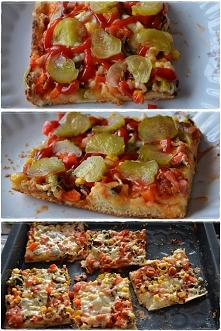 Domowa pizza na Święto Pizzy
dodatki pieczarki,ser,szynka,kukurydza,pomidory,papryka,por