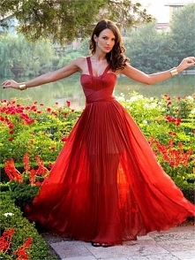 Classic chiffon off the shoulder v-neck A-line red Prom Dresses PVSD0091
