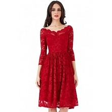 Czerwona rozkloszowana sukienka koronkowa z rękawem 3/4
