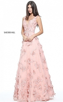 Sherri Hill 51111 Blush V-Neck Floral Appliqued Fitted Evening Dress 2017