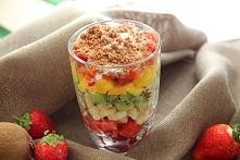 Tęczowy deser w szklance Owoce pokrój w małą kostkę i ułóż warstwami w wysokiej szklance. Polej kilkoma łyżkami jogurtu (ew. możesz go posłodzić) i posyp otrębami granulowanymi.