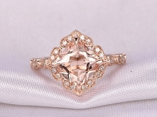 7MM CUSHION CUT MORGANITE AND DIAMOND ENGAGEMENT RING 14K ROSE GOLD ART DECO FLORAL HALO STACKING BAND
