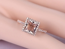MORGANITE ENGAGEMENT RING ROSE GOLD 7MM CUSHION CUT PINK STONE 14K HALO DIAMOND WEDDING BAND BRIDAL RING PROMISE RING