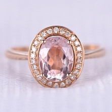 6X8MM OVAL CUT MORGANITE AND DIAMOND ENGAGEMENT RING 14K ROSE GOLD HALO BASKET PLAIN BAND