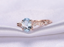 6X8MM OVAL CUT AQUAMARINE AND DIAMOND ENGAGEMENT RING 14K ROSE GOLD MILGRAIN ART DECO ANTIQUE