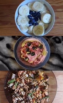 śniadanie- jogurt naturalny z owocami
lunch- lody z mrożonych malin 
kolacja- makaron z soczewicą i warzywami