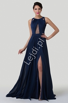 Długa granatowa suknia wieczorowa. Suknia na studniówkę, wesele, karnawał. Suknia na szyję o zwiewnym kroju z rozporkiem na nodze i małym trenem. W pasie i między biustem siatka...