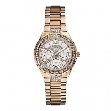 Guess W0111L3 kobiecy zegarek zasilany baterią. Wykonany ze stali szlachetnej w kolorze złotym zdobionej cyrkoniami. Montowany na bransolecie z wygodnym zapięciem. Posiada jasną...